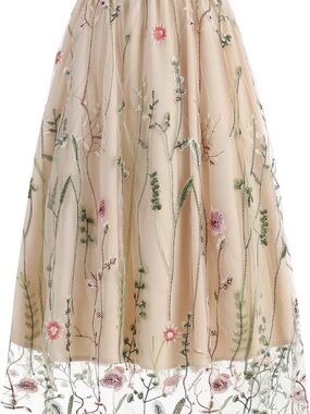 Girls Beige Floral Embroidered Tulle Dress